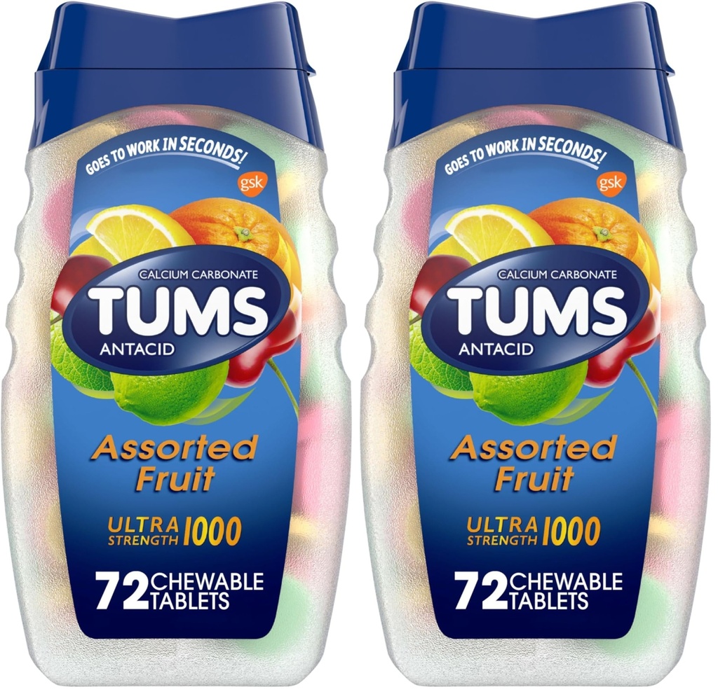 TUMS Antacid Chewable Tables for Heartburn Relief, Ultra 强力,各种水果,72片(2包)