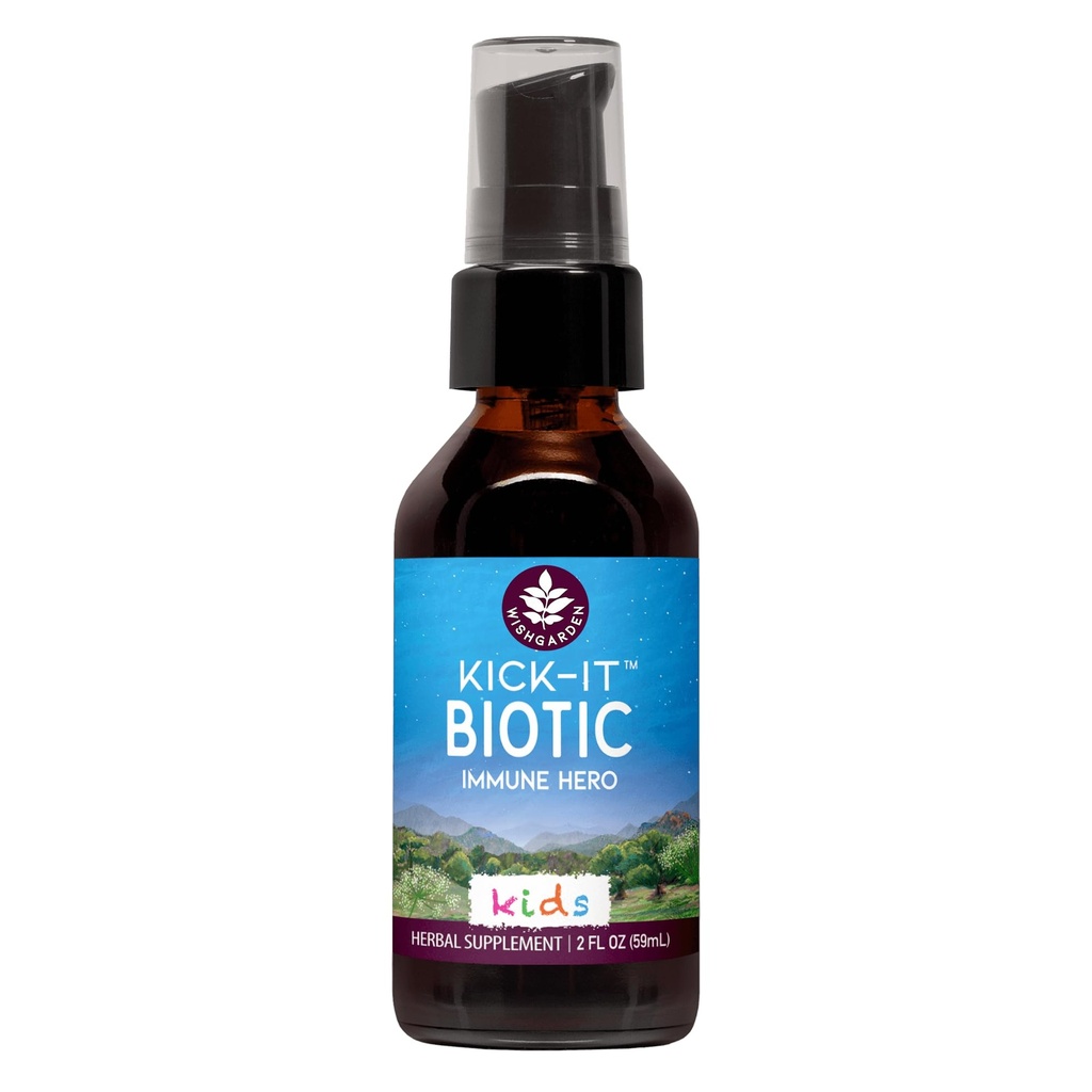 WishGarden Herbs Kick-It Biotic Immune Hero for Kids - 与Usnea Lichen & Echinacea合作的植物草药生物配方,支持健康免疫和呼吸系统功能,Immune Boster, 2oz