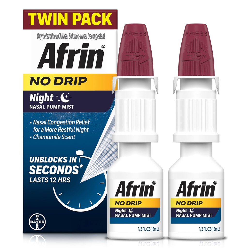 AFRIN 无滴夜鼻雾双包,无醉无乐,快动作解锁剂,与香摩利士森特,成人及儿童6岁及老人共眠,5 fl oz(包2)