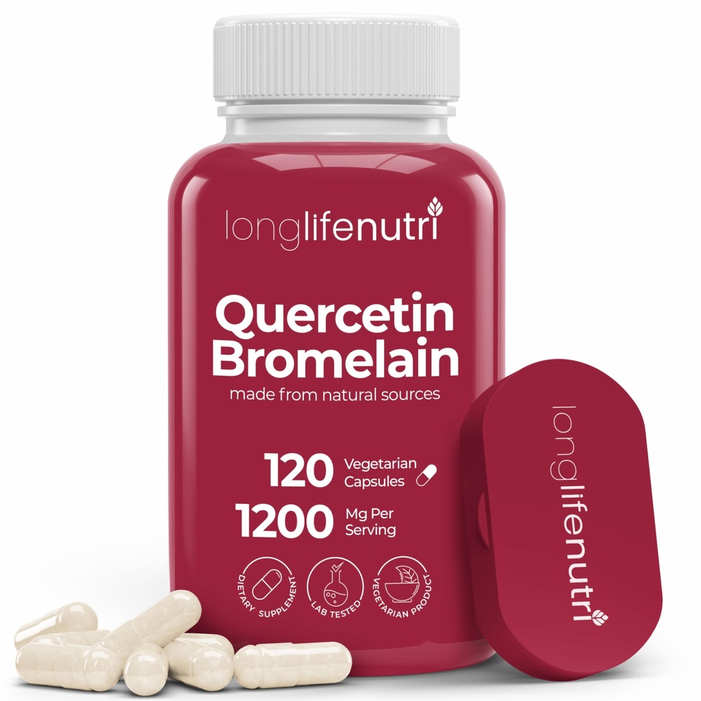 LongLifeNutri Quercetin 1000mg 与 Bromelain 200mg - 120 蔬菜卡普尔 有机二水合物 用于联合流动和呼吸平衡,2-月供应,GMP认证,美国制造