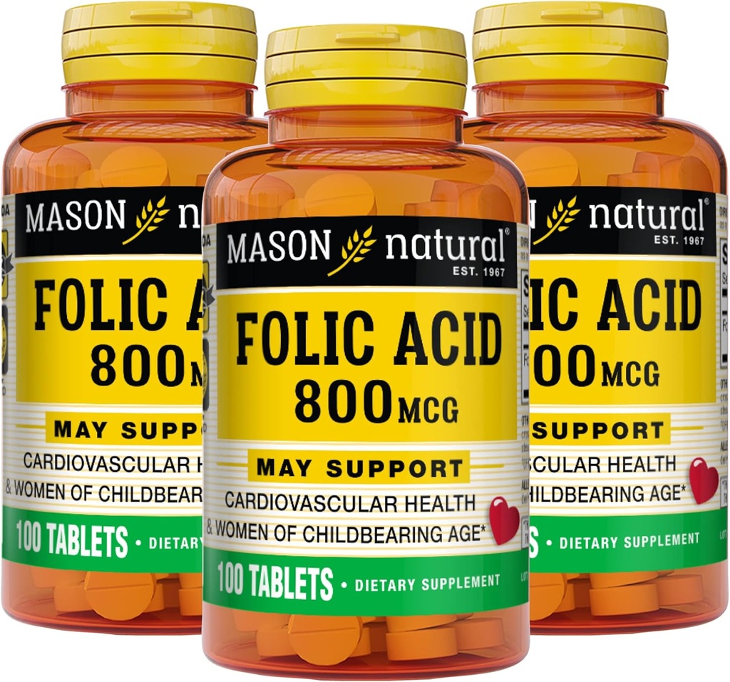 MASON 天然叶酸 800 mcg -- -- 帮助神经系统功能,为育龄妇女提供健康、摩德和产前护理的每日补充,100块药片(3包)