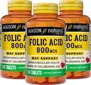MASON 天然叶酸 800 mcg -- -- 帮助神经系统功能,为育龄妇女提供健康、摩德和产前护理的每日补充,100块药片(3包)