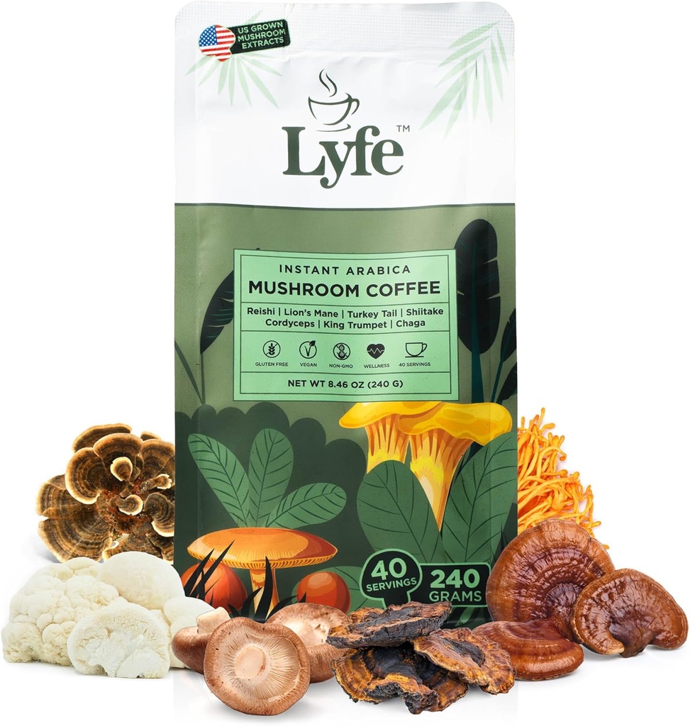 LYFE 有机即时蘑菇咖啡 — — 狮子的玛恩、查加、科迪塞普斯、土耳其的Tail — — 美国成长的适应性蘑菇,促进更好的能源、焦点、古特健康、豁免 — — 40种服务