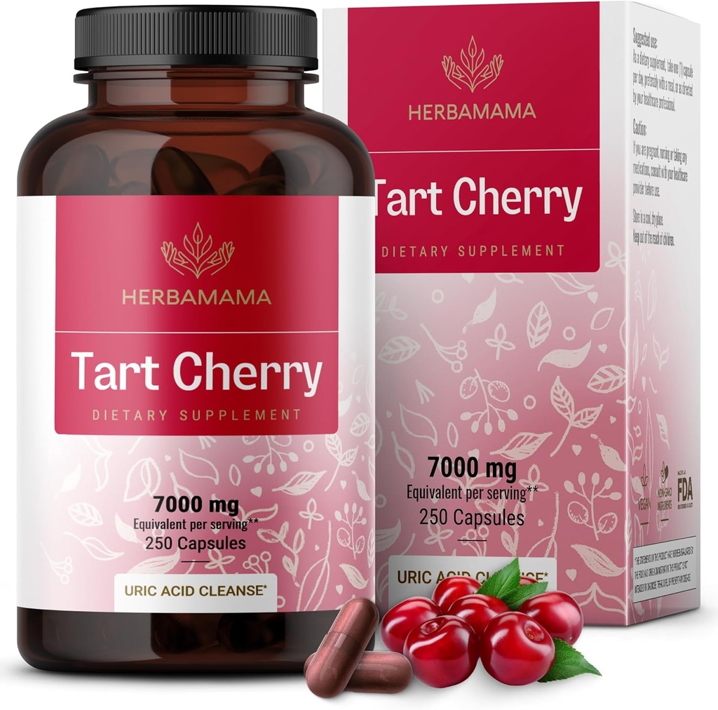 HERBAMAMA Tart Cherry Capsules - 用于铀酸支持的Tart Cherry 提取 - Vegan,非GMO抗氧化剂补充剂