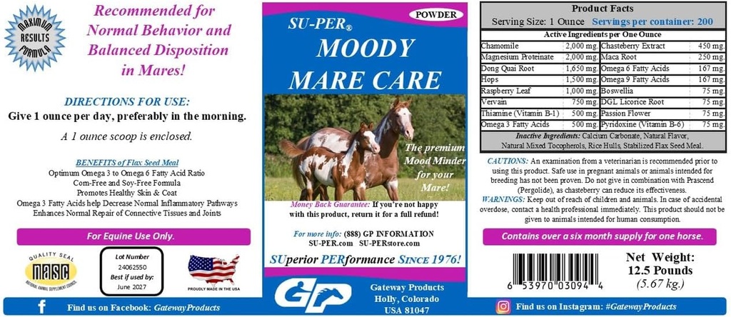 SU-per Moody Mare Care 粉末 - 配有Chasteberry & Maca Root的草药Equine马肉补充剂 - 12.5磅