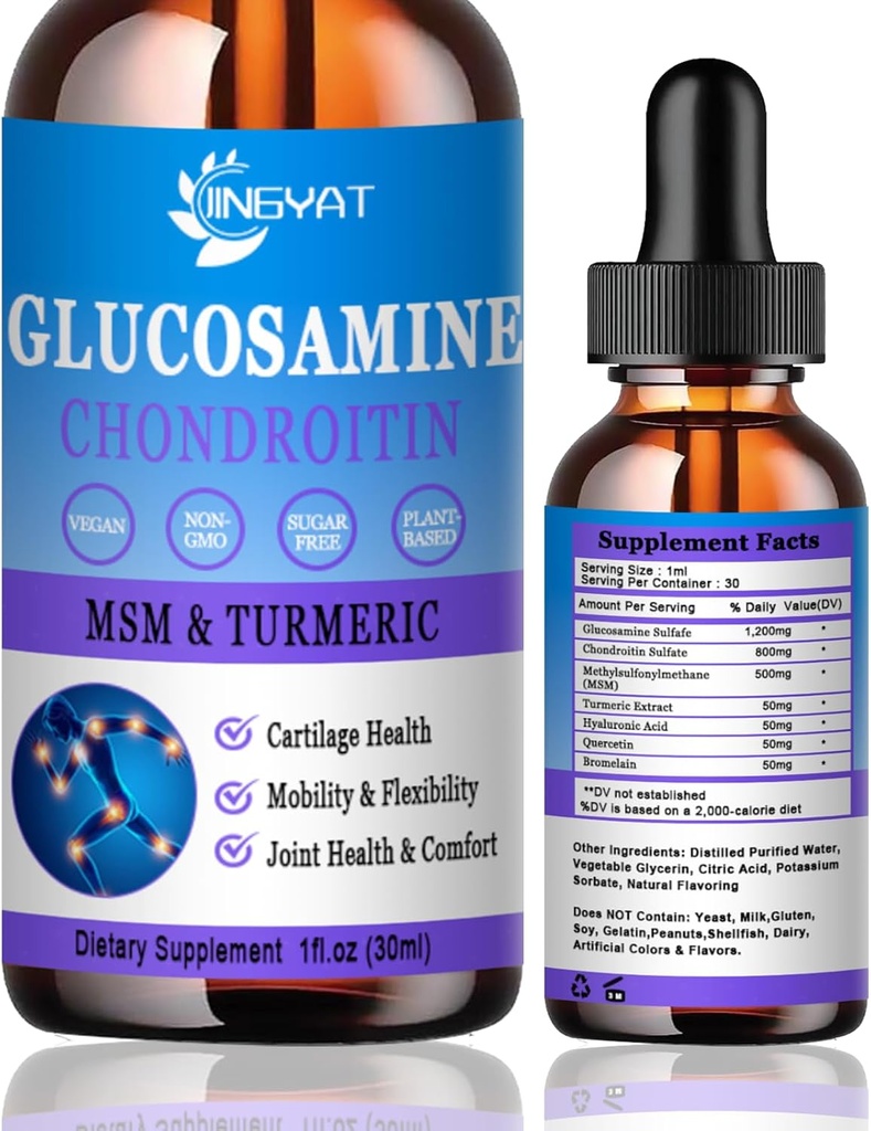Glucosamine Chondroitin液滴2000mg, Liposomal Glucosamine Chondroitin MSM, Chondroitin & Glucosamine 营养补充 w/Turmeric 提取, Hyaluronic酸, Quercetin 和 Bromelain