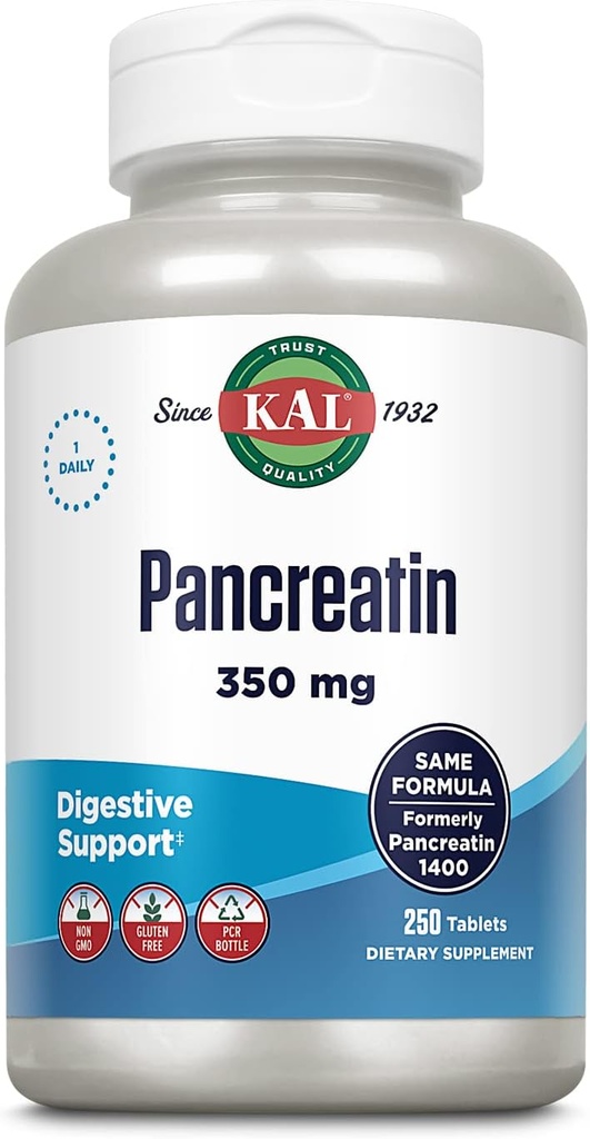 KAL Pancreatin 350mg, " 男女消化酶 " , " 消化健康支持泛菌酶 " , " 免费 " , " 非GMO " , " 快速解体 " , " 60天保障 " , " 250个服务 " , " 250块药片 "