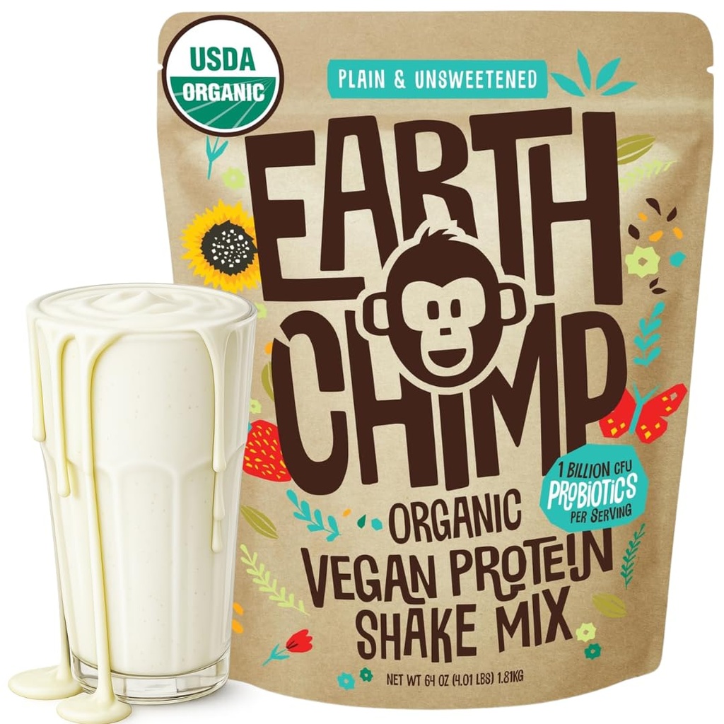 Earth Chimp Organization Vegan蛋白粉 - 带有Probiotics - 非转基因生物,乳制品免费,Non Whey, 男女植物蛋白粉,Gluten免费 - 52 services, 64 Oz (Plain & Unsweed)