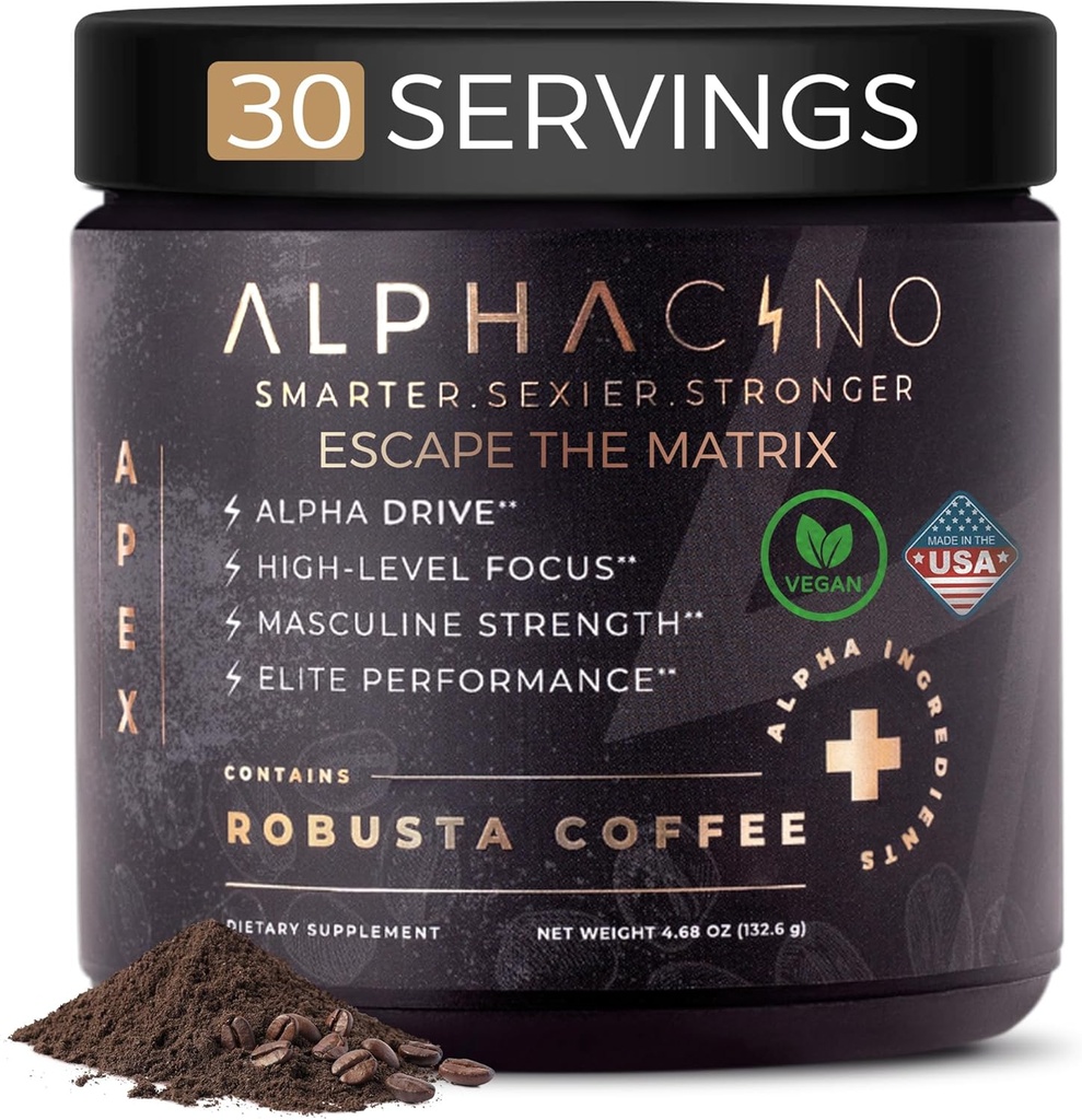 Alphacino Apex 即时蘑菇咖啡 - Black Maca Ashwagandha + 男子能量饮料粉,肌肉建筑生长理想,夏普焦点和斯塔米纳,门斯能量粉饮混合物,S7-30SV(4.68 oz)