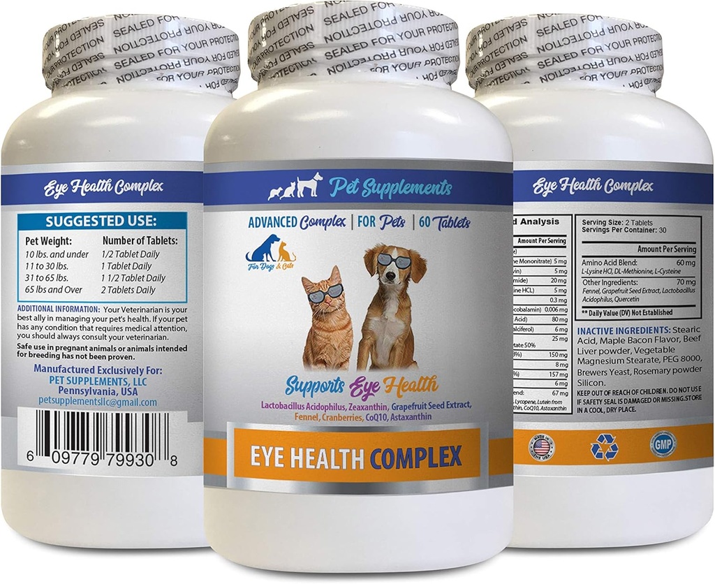 狗眼维生素 - PET 眼科健康综合症 - 狗和猫 - 支持眼视 - 狗的taxanthin for Dogs,狗和猫的眼视补充物,眼科健康维生素Lutein和zeaxanthin 1Bot 60Tabs