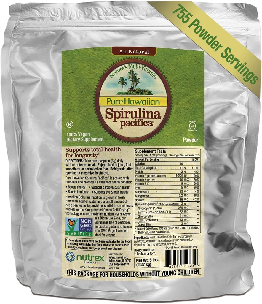 纯夏威夷螺旋藻粉(Pure Hawaiian Spirulina Powder 5 lb Bulk Bag – Boosts Energy and Supports Association – Vegan,非转基因食品) 夏威夷天然超级食品种植