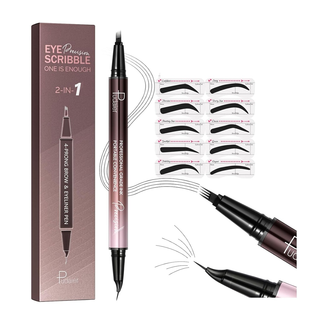 2-in-1 曲线眉笔和Eyeliner 带有 10Pcs 眉笔 Stencils, 微裂眉笔和 4 Fork-Tip 和 Curved 精密提示, 女性防水和长长长眉笔, 软黑色
