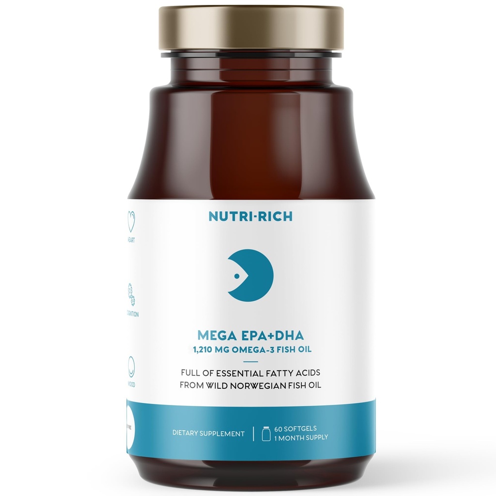 Nutri-Rich Omega-3 鱼油 1210mg – EPA & DHA 心脏,大脑和联合健康 – Burp-Free, Lemon Flavor,Gluten & Soy Free,第三方测试(60 Softgels)