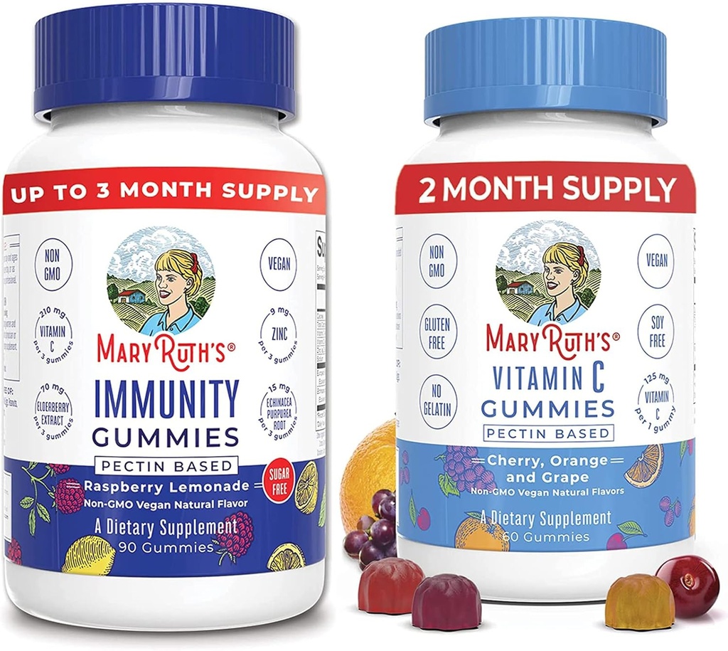MaryRuth Institutions Elderberry Gummys for Immune Support (Sugar Free) & Vegan Vitamin C Gummys Bundle 支持Immune功能 支持成年人和孩子整体健康公式