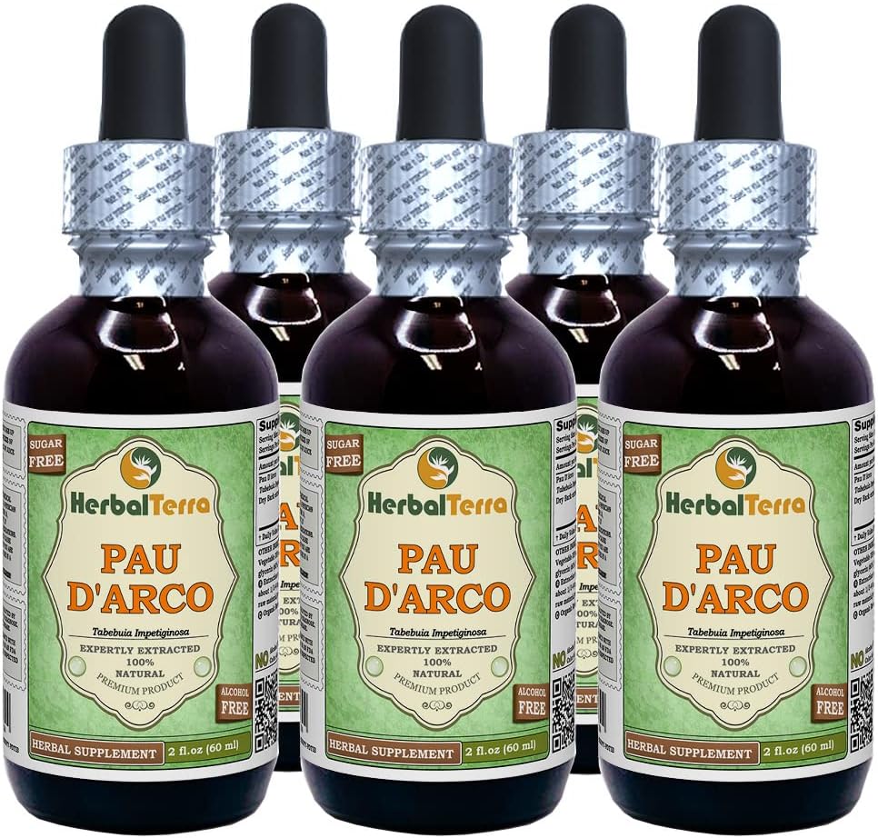 PAU d'arco (Tabebuia Impetiginosa) Glycerite, 干巴克无酒精液体提取器(Brand name: Herbalterra, proudly made in USA) 5x2 fl.oz (5x60 ml) 互联网档案馆的存檔,存档日期2014-03-02.