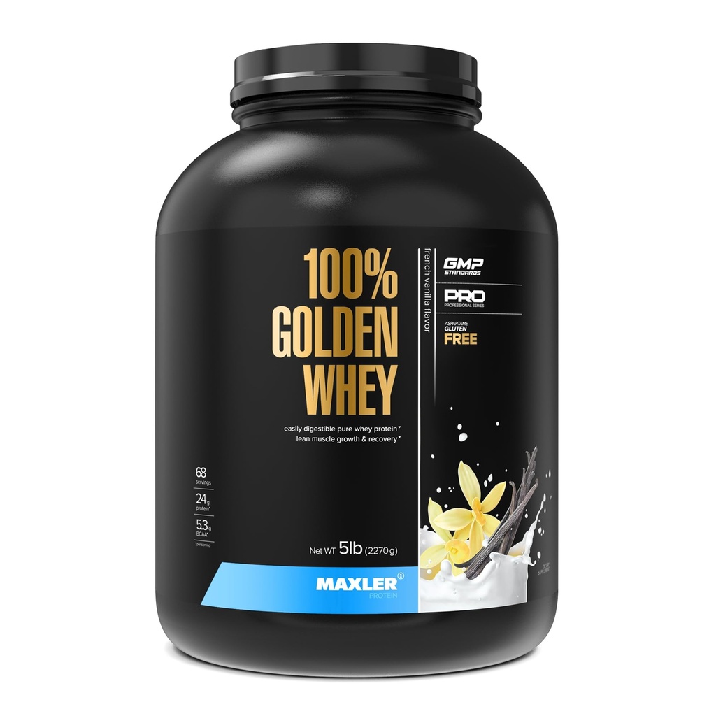 Maxler 100% Golden Whey蛋白 - 每服24g蛋白 - Premium Whey蛋白粉 用于前期工作 - Fast-Absorbing Whei 集中水解酸盐混合剂 - 法国香草蛋白 5lb