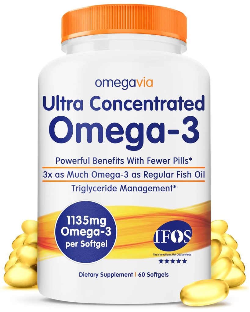 OmegaVia Ultra 聚焦Omega 3 鱼油 Burpless,60 Softgels,三强Omega 3 鱼油补充剂,1135 mg纯Omega3,无鱼型Burps,Hige EPA DHADA,IFOS 5-Star