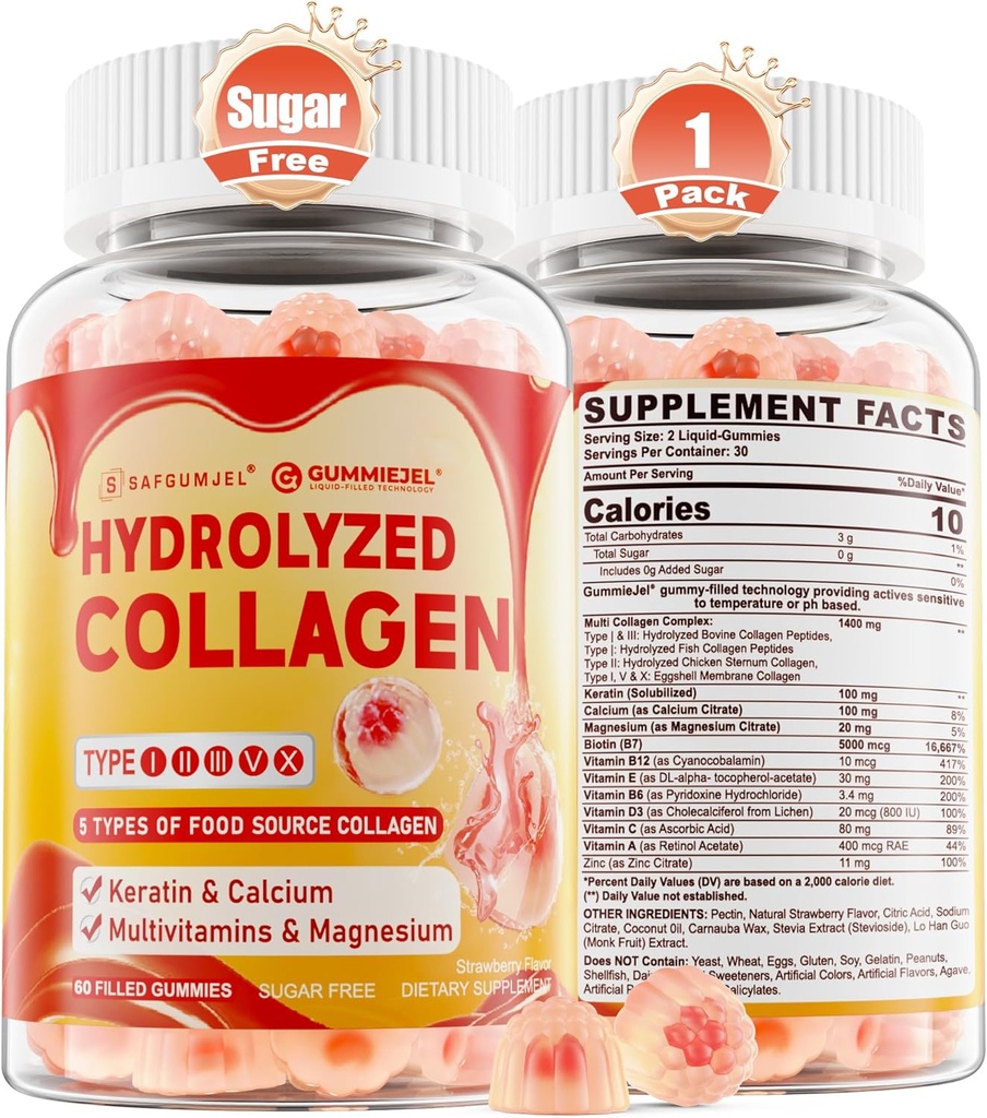 Collagen Peptide Gummys for Women Men, Sugar Free Multi Collagen Supplement, 1400mg 水解Collagen 类型 I II III V X, 5000mcg Biotin, 维生素C A E D3 B6 for Hair, Skin & Nails, Bone, 60Cts