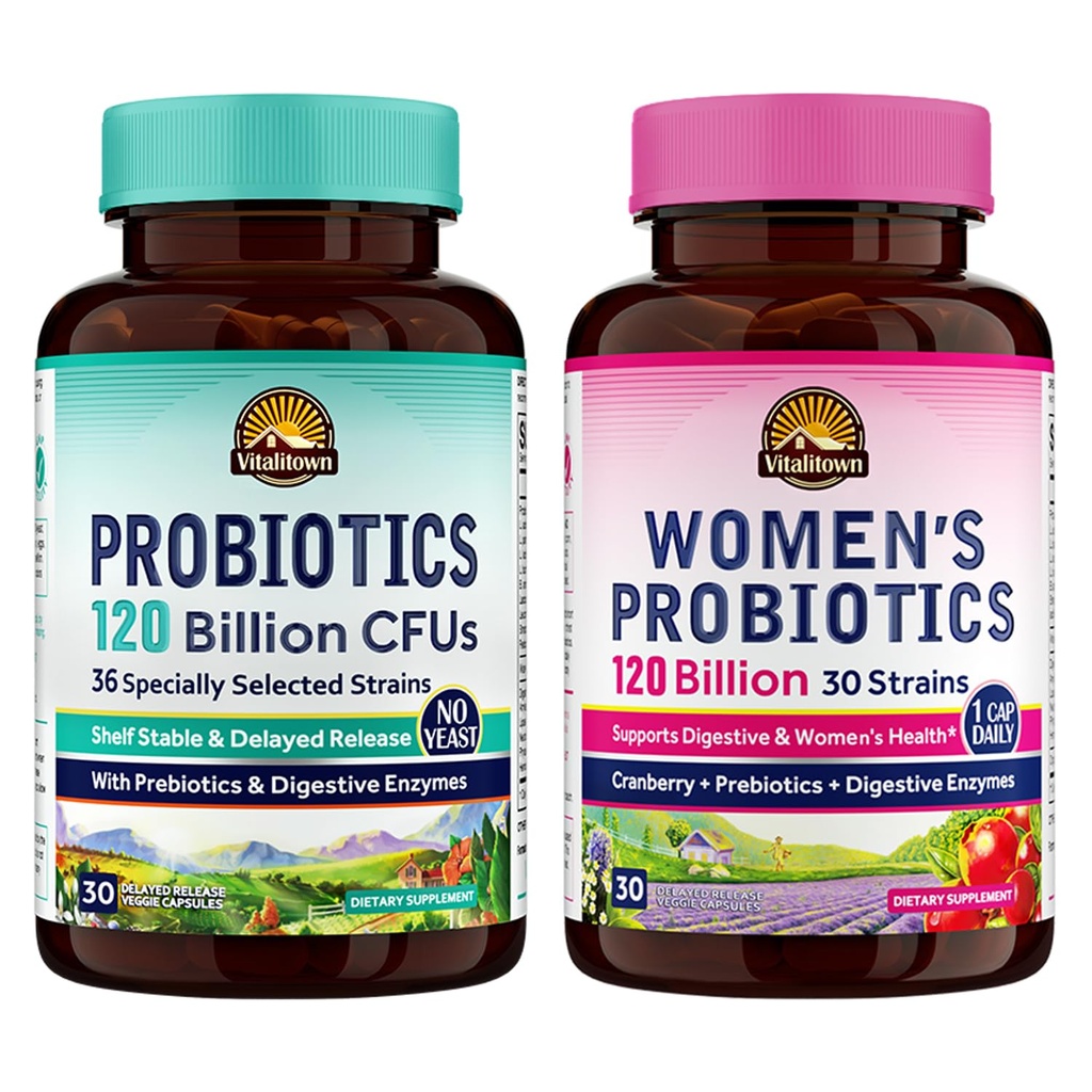 Vitalitown Probiotic Bundle (Pack of 2) + Probiotics 120亿 CPUs (项目1) 和 妇女Probiotics (项目2) + Serf Stable, Once Daily → Gut, Immune, 阴道健康 → 60 Capsules → 30天供应量