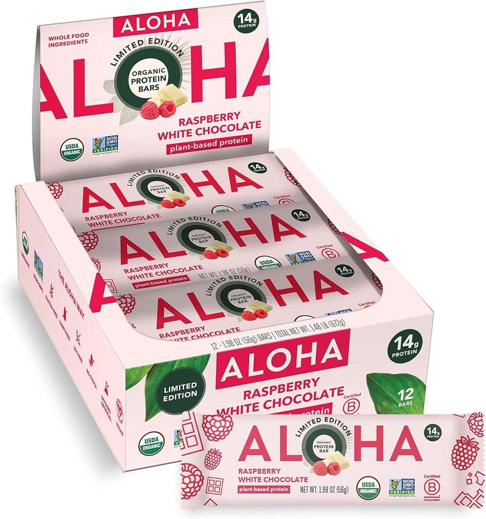 ALOHA 有机植物蛋白棒 asp Raspberry 白色巧克力 | 12 Counter, 1.98oz bars | Vegan, 低糖, Gluten Free, Paleo, 低碳, Non-GMO, Stevia Free, Soy Free, no Sugar Holy Sweeteners: LIMITED EDITION