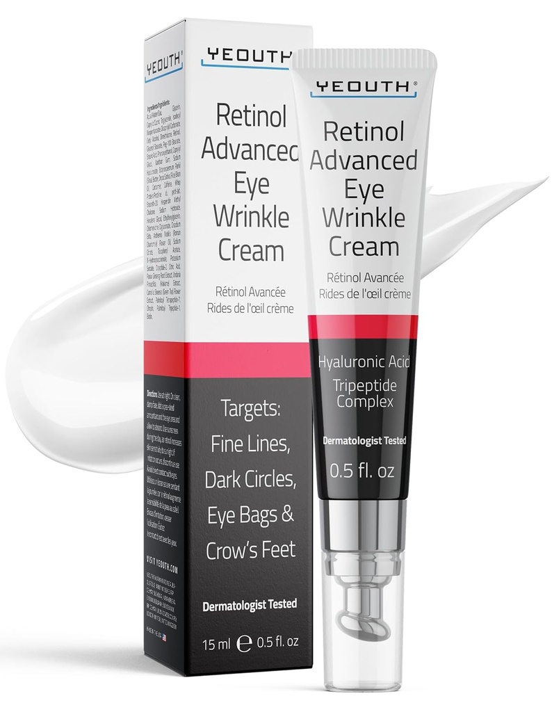 YEOUTH Retinol Eye Cream Anti Angineering, 将皮革放在眼霜下, 将皱纹和深色圆圈的袋子放在眼罩下, 并配有Hyaluronic酸和Tripeptides 15毫升