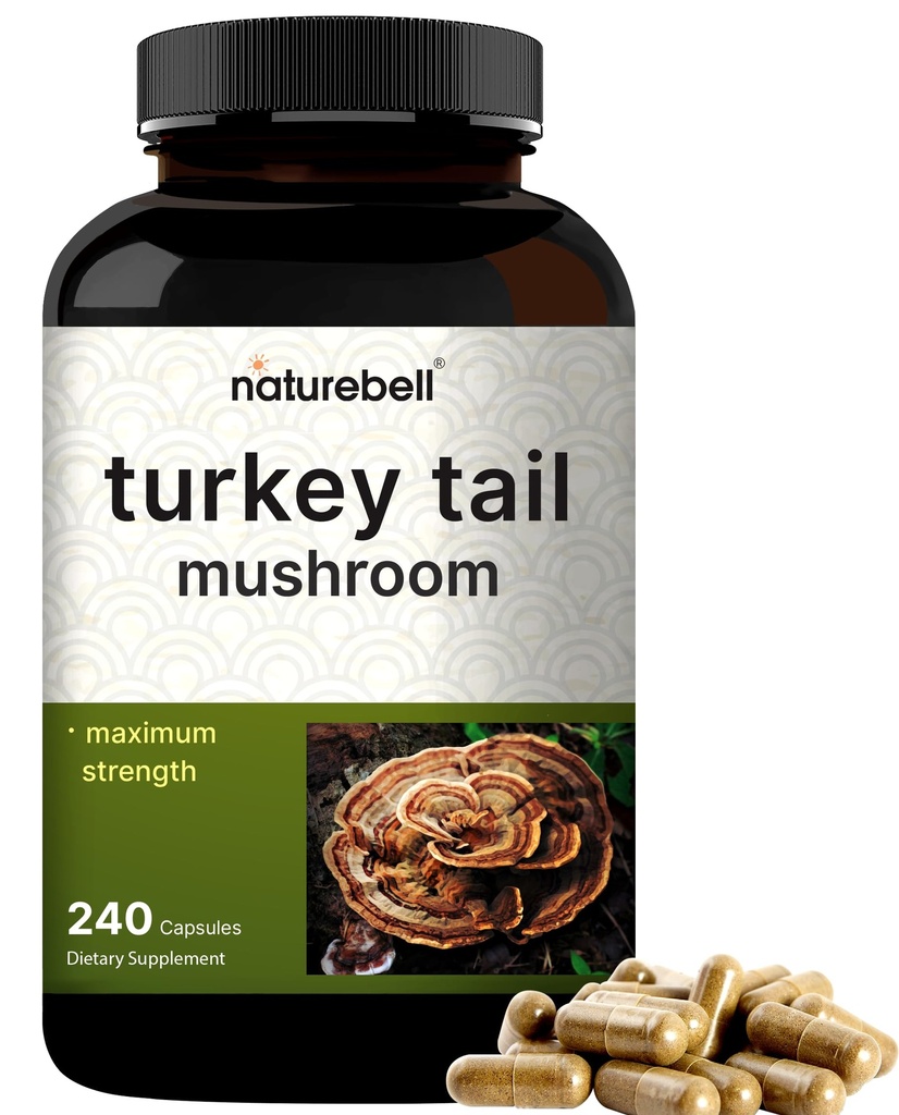 NatureBell Turkey Tail Mushroom Capsules 15 000 mg Per Service, 240 Counter QQ 25:1 果实体与菌丝提取 – Imune & Brain Health Mushrooms Supplements.