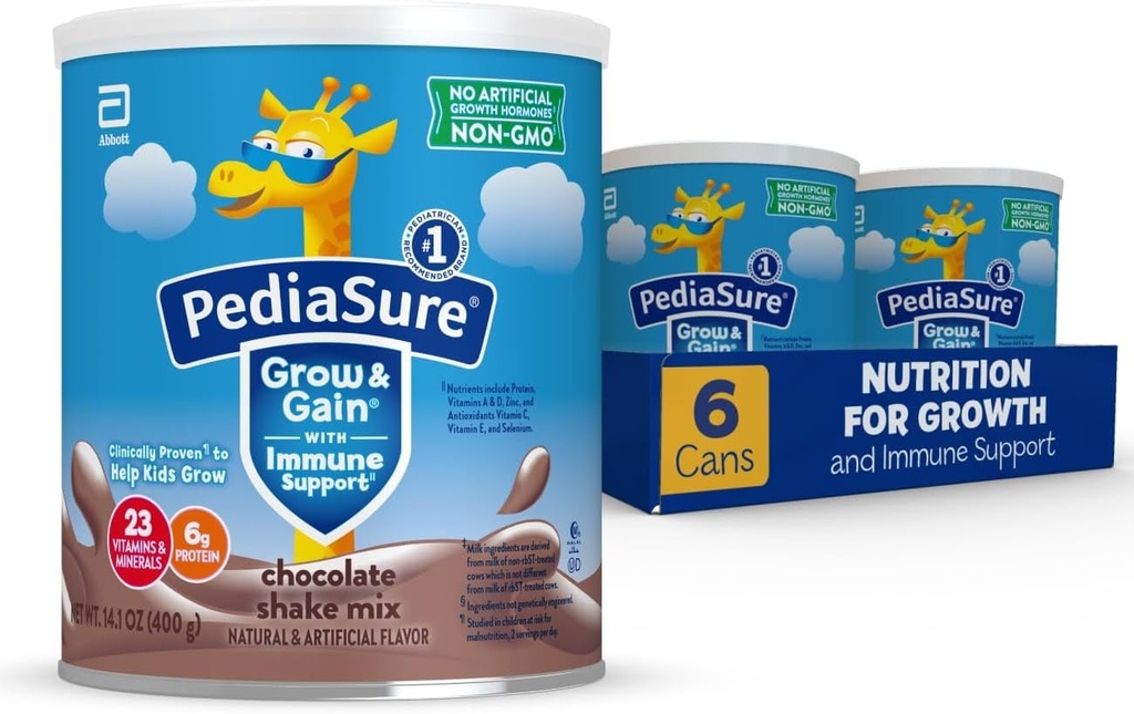PediaSure Grow & Gain with Imune support Shake Mix Powder, 23 维生素和矿物, 6g蛋白、非GMO、无葡萄糖、儿童营养、巧克力、14.1 oz罐、6-48个服务包