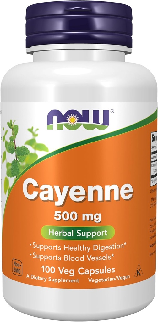Now 食品补充剂 Cayenne (Capsicum annuum) 500 mg, 草药支持, 100 Veg Capsules