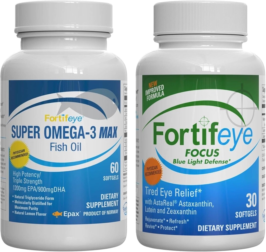 Fortifeye蓝光和心脏健康支持 Bundle 超级Omega-3 Max Fish Oil, 60 Softgels, 和焦点蓝光防御, 30 Softgels