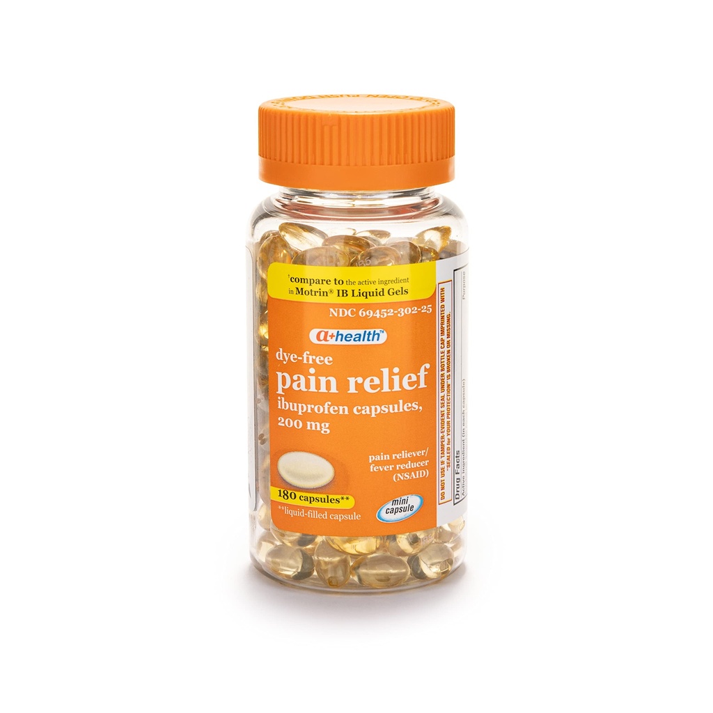 A+Health Dye-Free Ibuprofen 200 Mg 迷你软胶,疼痛救生剂/减热剂(NSAID),180 Counter