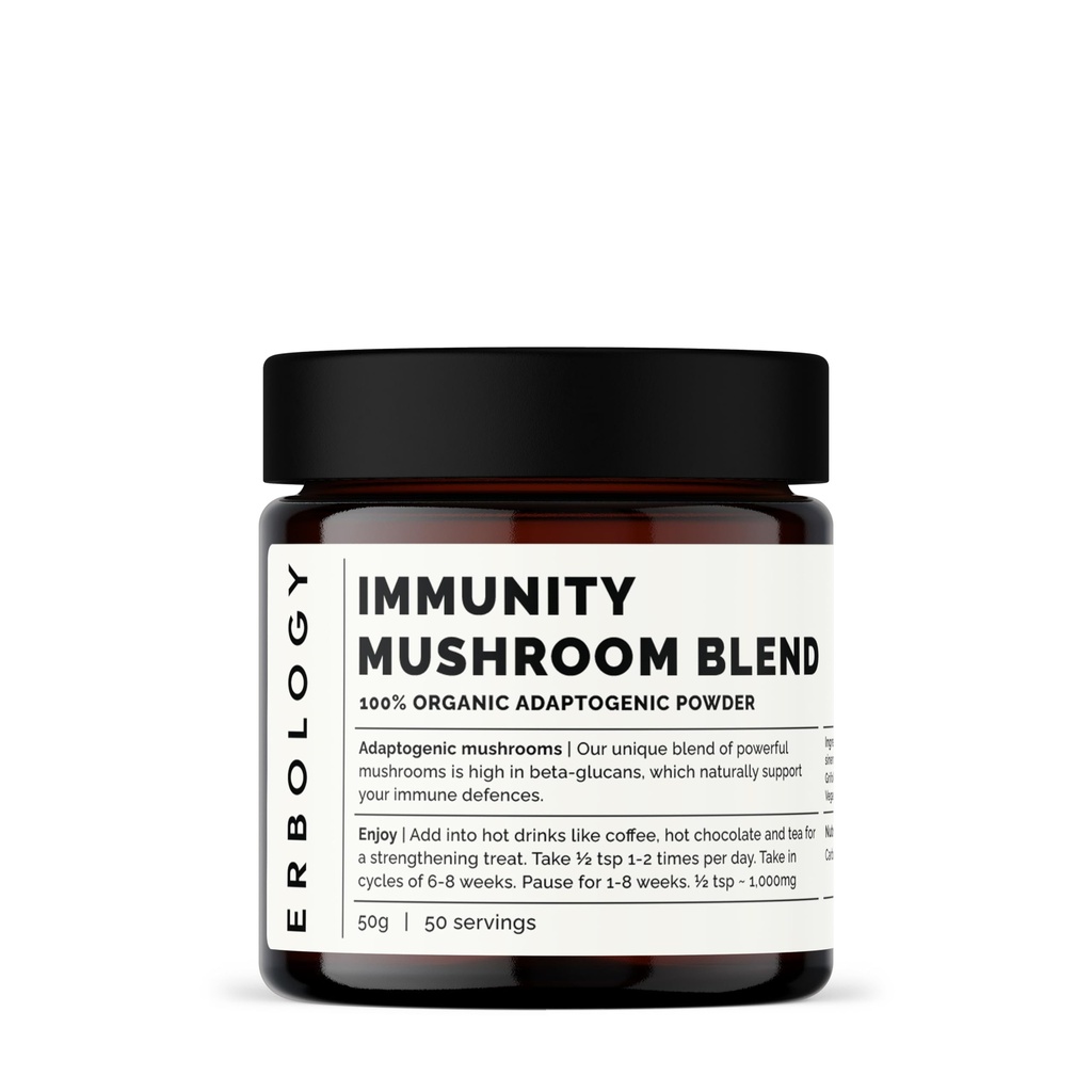 环境学 有机豁免蘑菇综合体 50 服务 - 高位 Beta-glucans - Reishi, Cordyceps, Lion's Mane, Turky Tail - 在欧洲持续成长 - Vegan - 非GMO - 无添加填充器