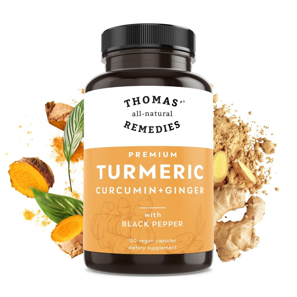 Thomas的全天然补救 Turmeric Curcumin 和 Ginger 配黑辣椒,有机图尔克联合支持补充-95% Curcumin - 无填充剂, Vegan - 120厘米