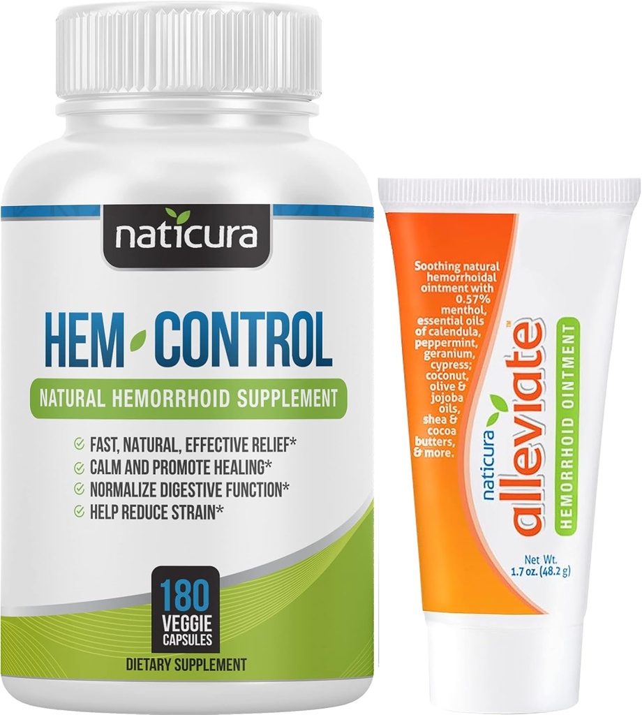 Bundle - Hem-Control Vegan 消化支持补编(180 Counter)和减轻烧、痒和滋养的天然出血减肥奶油(1.7 oz)+2 旅行-尺寸管