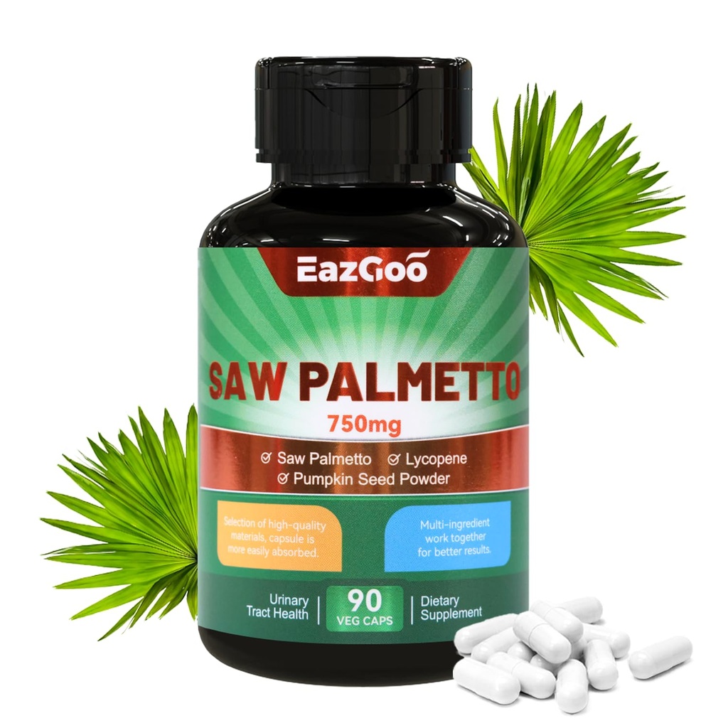 Saw Palmetto 补编, Saw Palmetto 提取物 750mg,配有 Lycopene,南瓜种子粉,供男女使用, Non-GMOs & Gluten, Vegan, 90 Consules