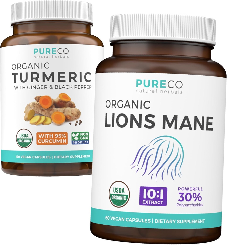 Turmeric & Lions Mane (1-Month Supplement) 注意 有机Turmeric Curcumin的Turmeric Bundle 与 Black Pepper & Ginger (120 Caps) & Organic Lions Mane Mushroom 10:1 提取(60 Caps)