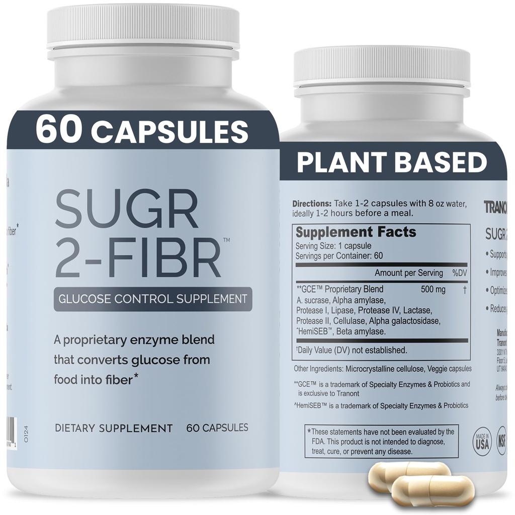 POPIVIDA Sugr-2-Fibr - Premium 血糖支持补充*(60个计数) - 支持健康血糖水平* 通过支持葡萄糖代谢制成纤维* - Gluten Free, Non GMO, Veggie Capsules.