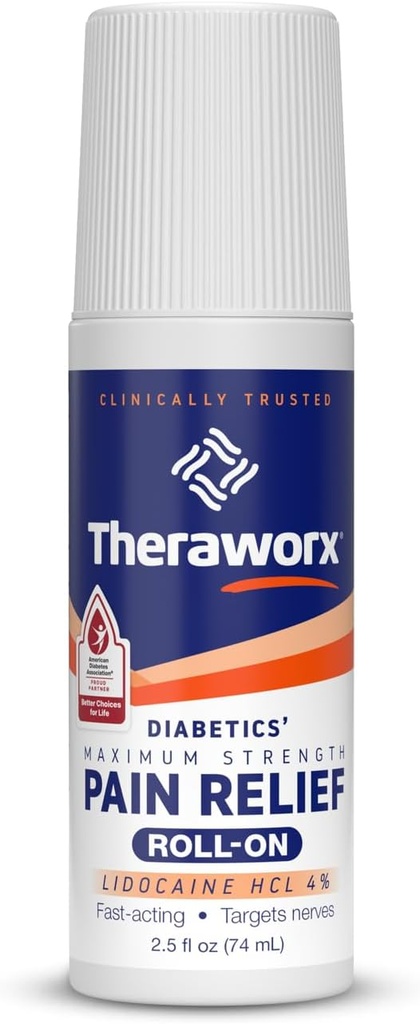 Theraworx 最大强力糖尿病患者的疼痛救济滚滚与利多卡因 - 2.5 oz - 1 计数