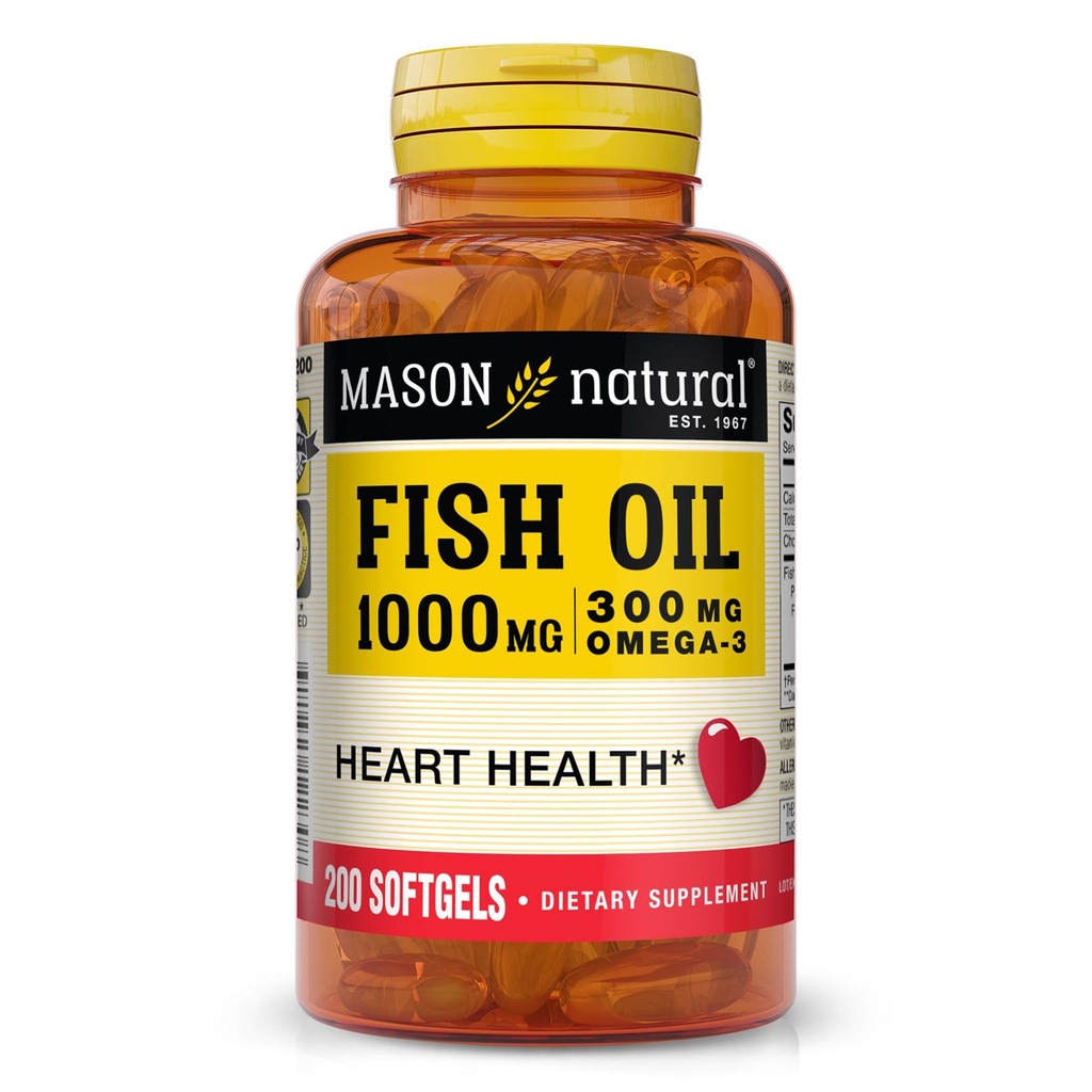 MASON NATURAL Omega,3 鱼油,200,日供应,1000mg 与环保局和DHA共同支助,软胶药