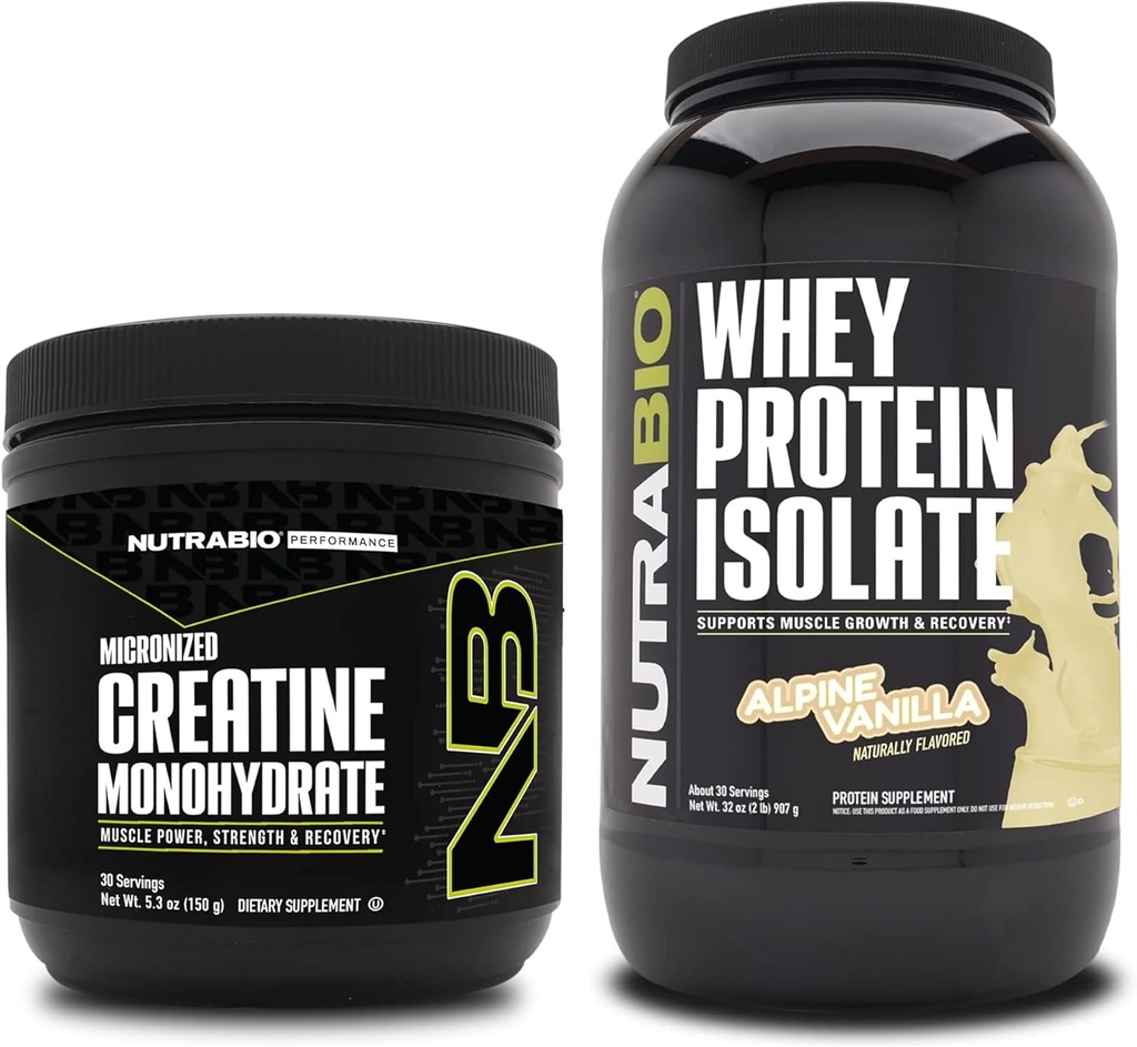 NutraBio Creatine Monohydrate, Unflavored, 150g and Whey 蛋白质溶液、高山香草、补充包-肌肉能源、精液肌肉生长、恢复和强力