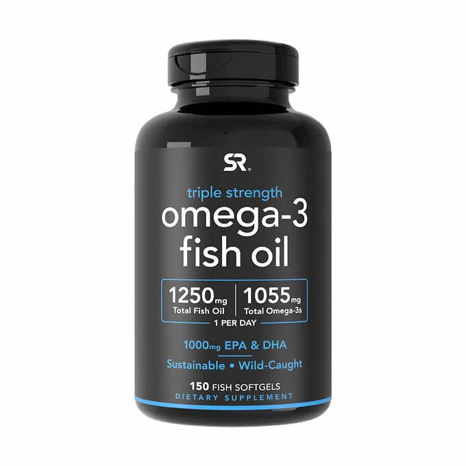 体育研究 三重力量 Omega 3 鱼油 - Burpless Fish Oil Supplement w/EPA & DHA 来自野生捕鱼的脂肪酸 - 对男女的心脏,脑和免疫支持 - 1,250 mg, 150 ct