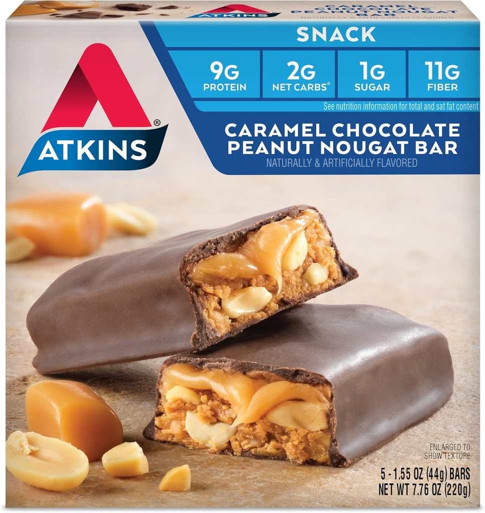 Atkins Caramel 巧克力花生 努加特小吃酒吧 蛋白质小吃酒吧 Fiber高中 2g Sugar, Keto Friendly, 5 Count