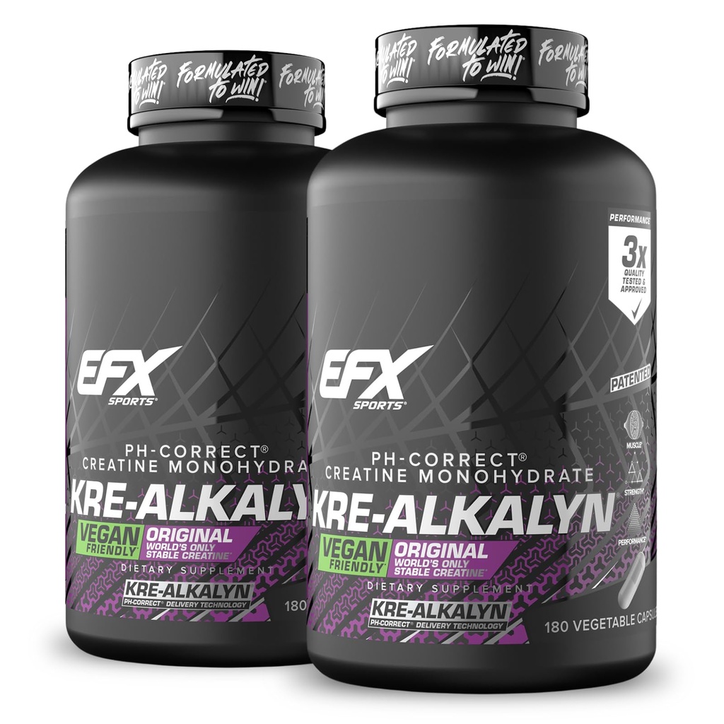 EFX Sports Kre-Alkalyn EFX | pH 校正 Creatine Monohydrate Pill 补充 | Vegan 友好 | 力量与肌肉增长 | 90 服务 180 Veggie Capsules (Pack of 2)