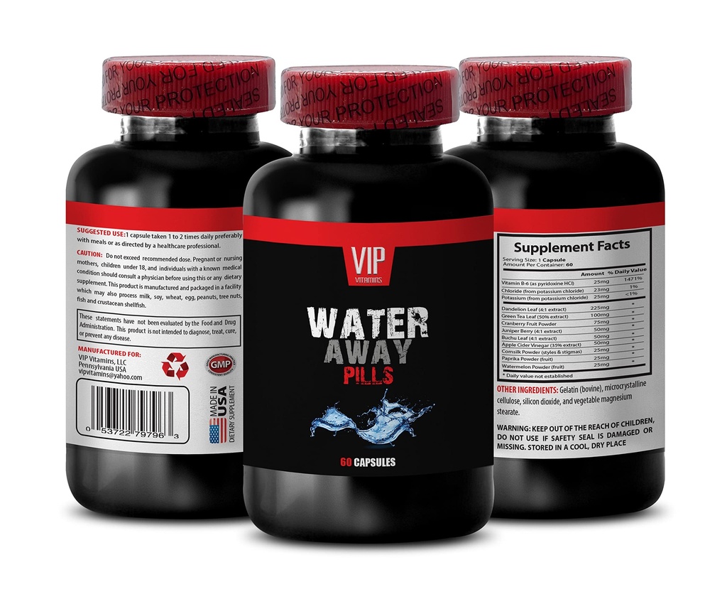 尿道支持 -- -- WATER AWE DIURETIC PILLS -- -- 西瓜、丹德利翁、红辣椒、钾、腿和脚保留水的利尿剂、利尿药、利尿补充剂、1B 60章