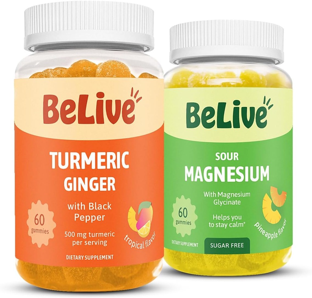 BeLive Bundle Magnesium 和 Turmeric Gummys 用于放松、睡眠、疾病支助和流动支助
