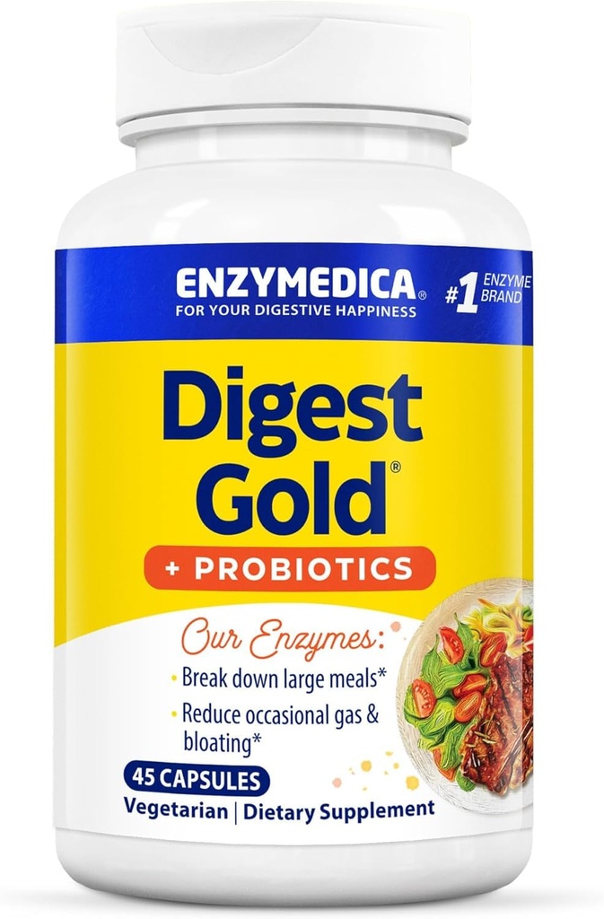 Enzymedica文摘 Gold + Probiotics, 2-in-1 古特健康公式, 消化酶 & 1亿 活性Probiotic Cultures, 45 Counter