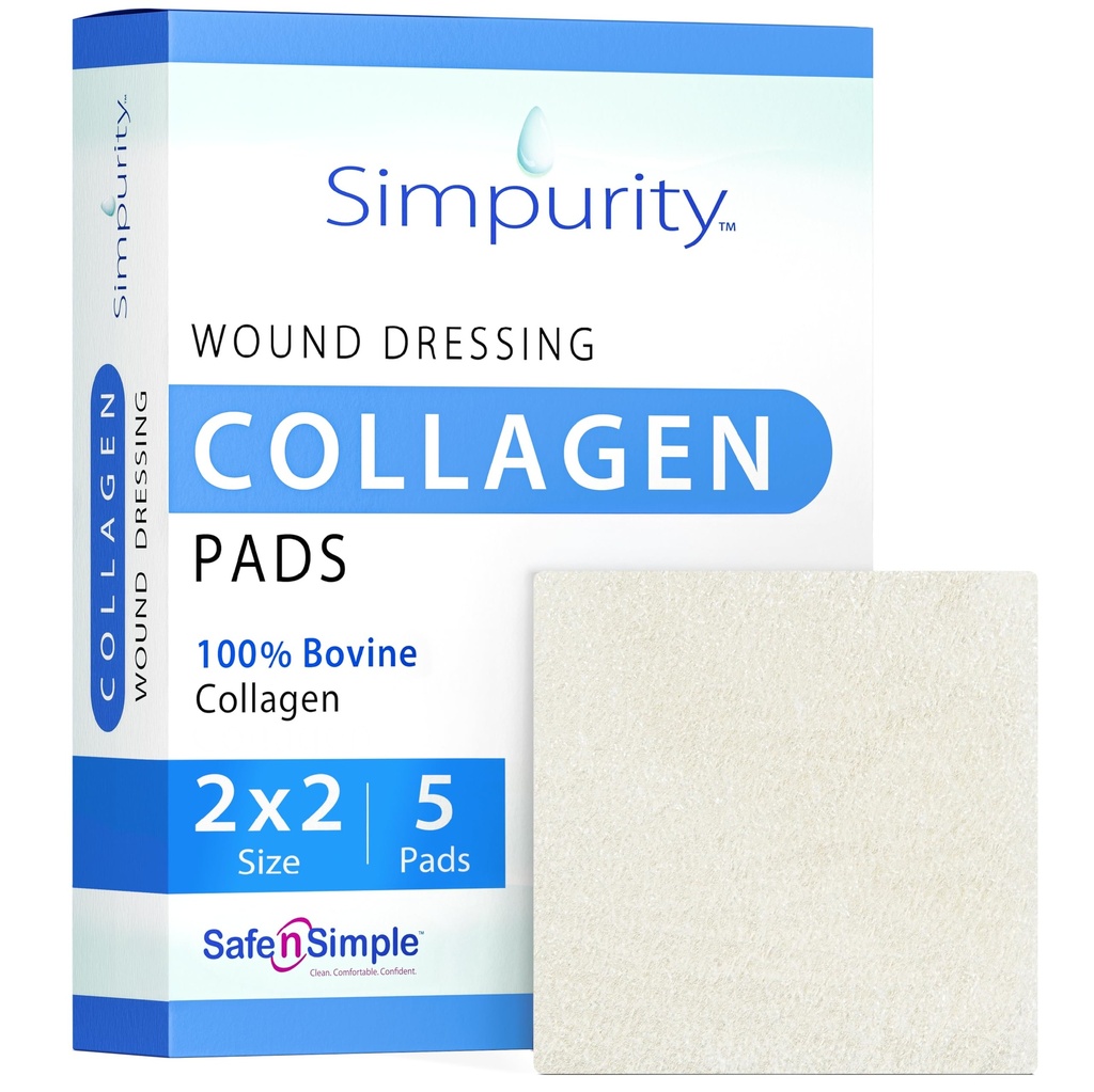 Collagen 穿甲板 - 2"×2" 5 Collagen pades for wounds - 非Adherent Collagen 穿甲板用于伤病护理 - 安全n'简单伤病护理用品