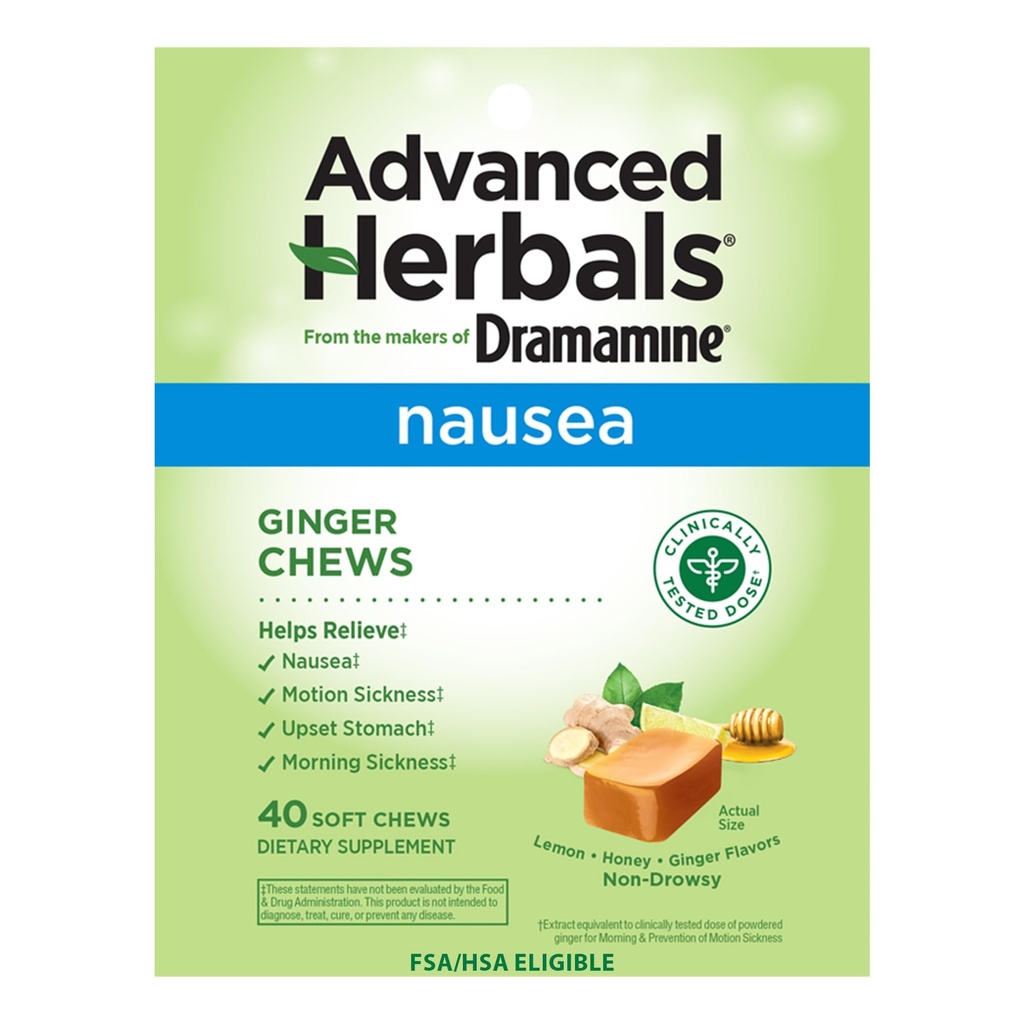 来自Dramamine,高级草药,姜汁,Nausea Relief Soft Chews Lemon-Honey-Ginger, 40 伯爵