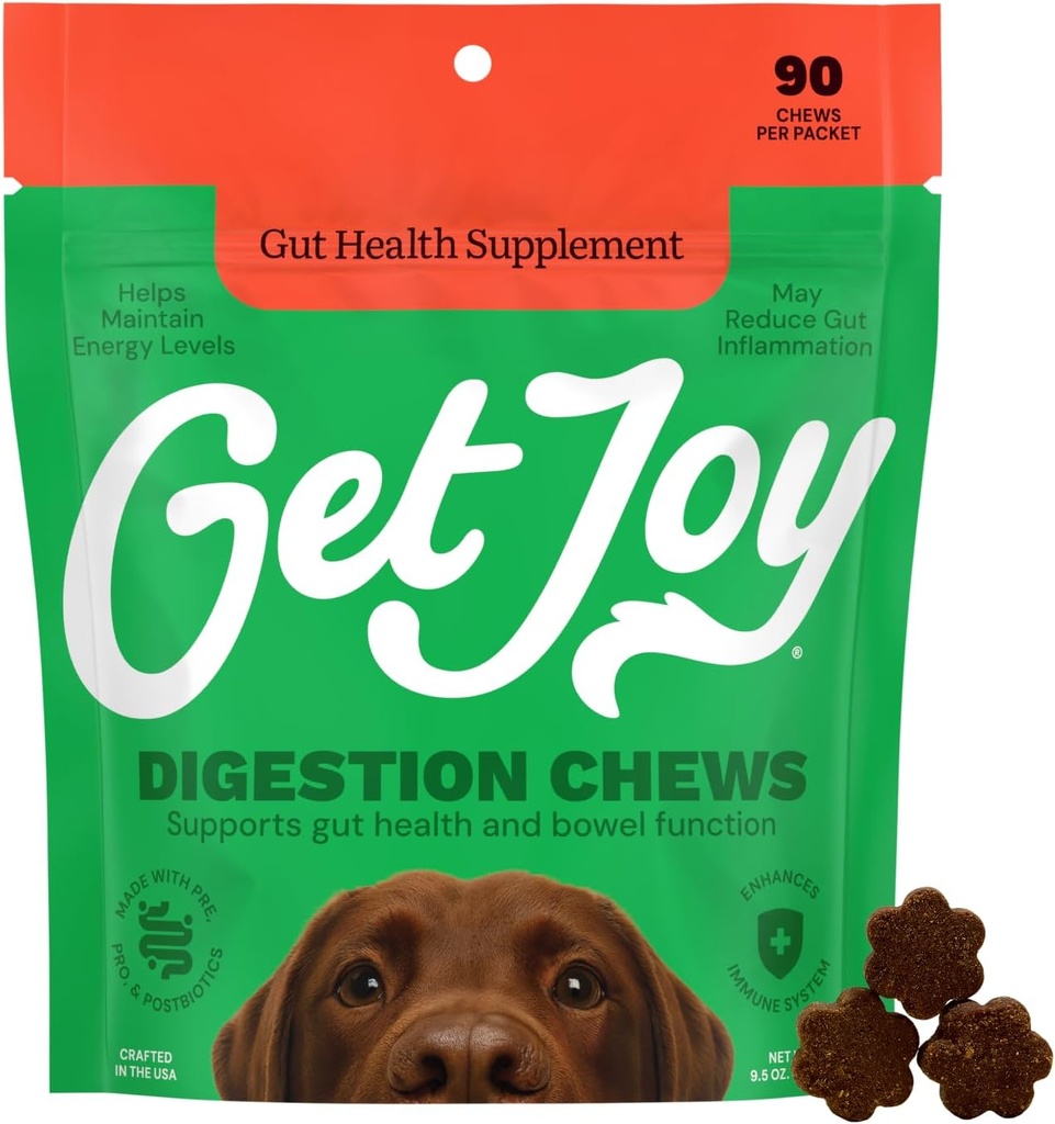 Get Joy Digestion Chews, Gut Health Supplement for Dogs, Vet Agreed Soft Daily 消化健康与免疫支持,配有预生素, Probiotics & Postbiotics, 美国制造, 90 Counter