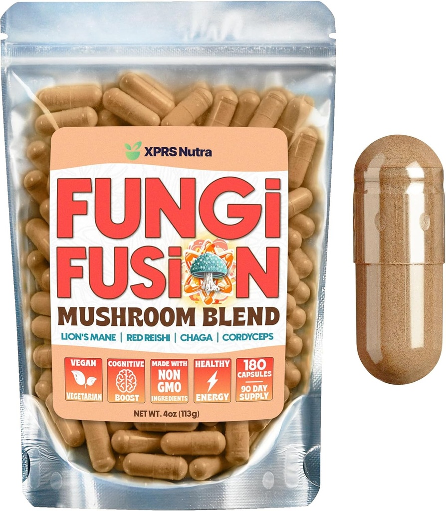 XPRS Nutra Fungi Fusion Mlend Capsules - 180 Counter(90天供应) 狮子马恩的Premium Blend, Reishi, Chaga, Cordyceps Capsules 支持精神清晰,认知,能量和豁免