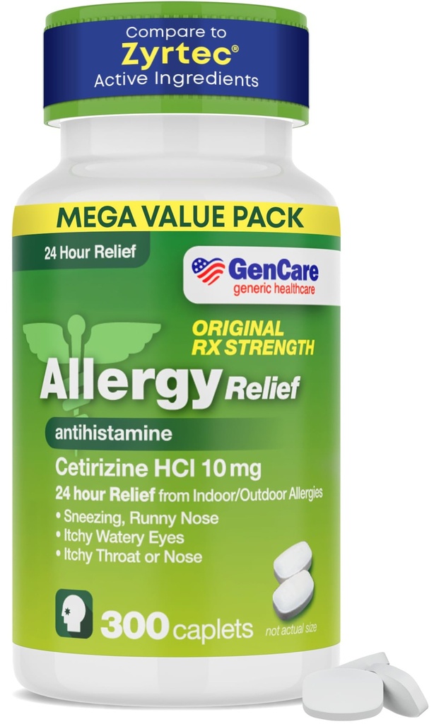 GenCare - Cetirizine HCL 10 mg(300 Caplets) - 24小时过敏救济药 - 非Drowsy通用OTC过敏药 - 喷嚏、Runny Nose & Ichy Eyes - 一般Zyrtc